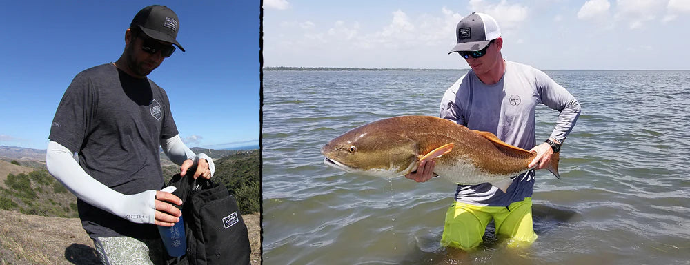 man backpacking and man holding fish both wearing Anetik clothes and hat